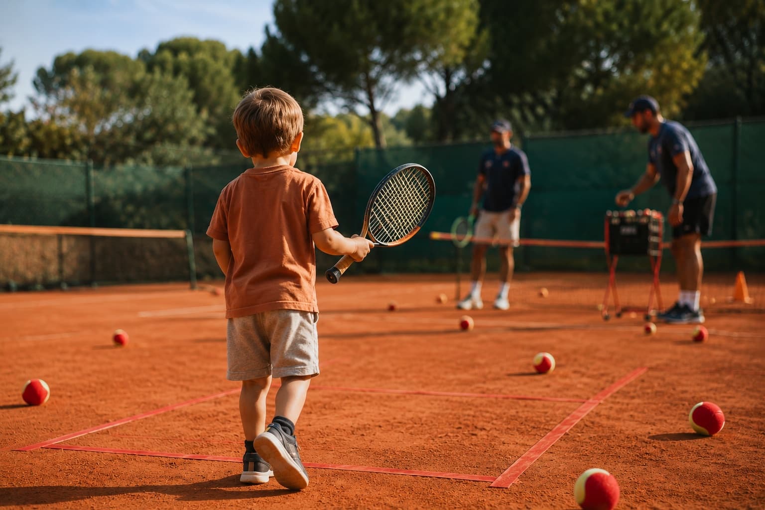 Un jeune enfant de dos, raquette à sa taille à la main, sur un terrain de terre battue réduit délimité par des lignes rouges, balles souples au sol et deux coachs au fond.