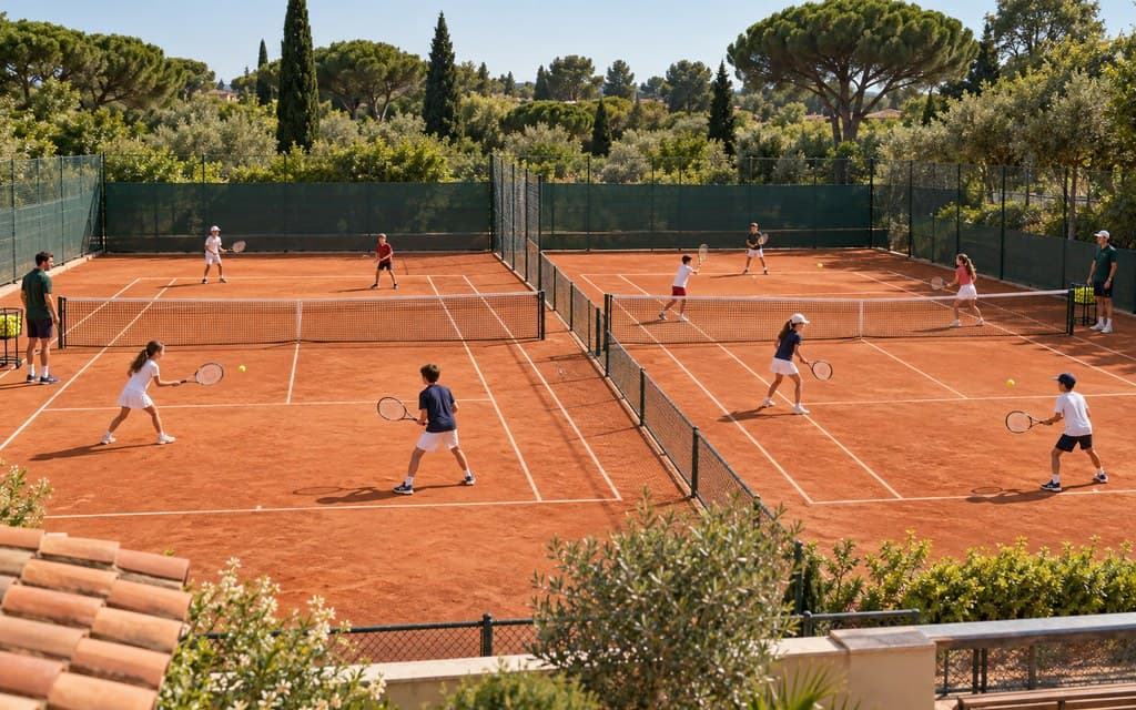 Deux courts en terre battue où de nombreux enfants jouent en même temps