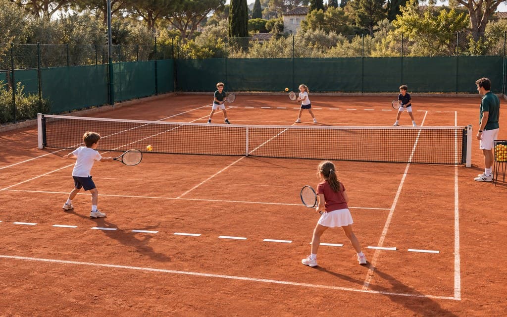 Animation orange : des enfants échangent en même temps sur un terrain orange, un coach à côté du filet