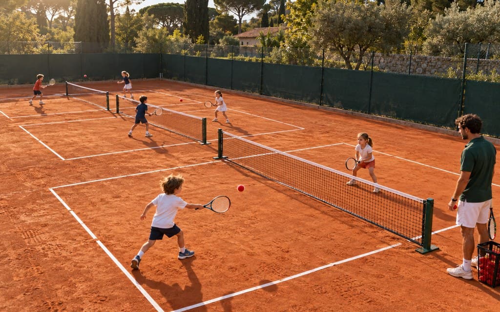 Petits terrains rouges avec mini-filets où des enfants de 5 à 7 ans jouent avec des balles rouges