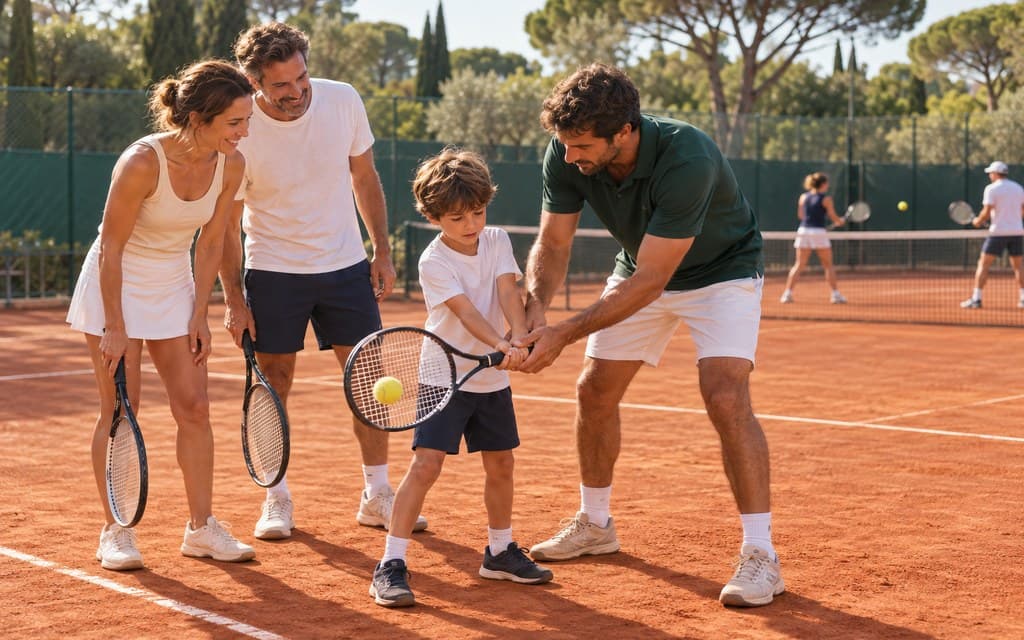 Une famille essaie la terre battue avec un coach du club qui montre la prise de raquette à l'enfant