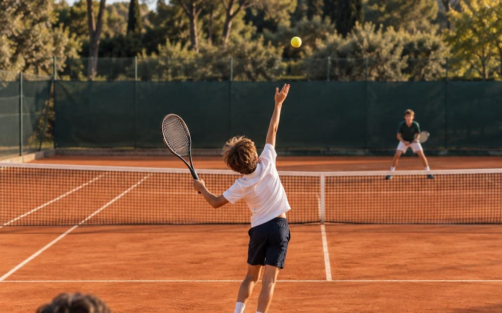 Match de tournoi : un garçon de 12 ans au service sur terre battue