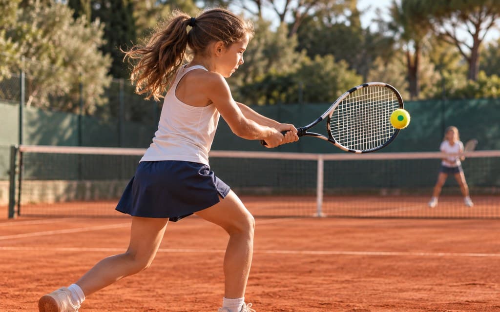 Match de tournoi vert : une fille joue un revers à deux mains, balle à point vert