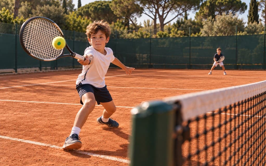 Match de tournoi vert : un garçon joue une volée au filet