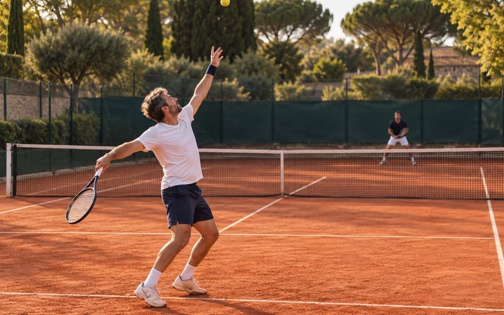 Tournoi Open : un joueur adulte au lancer de balle de son service
